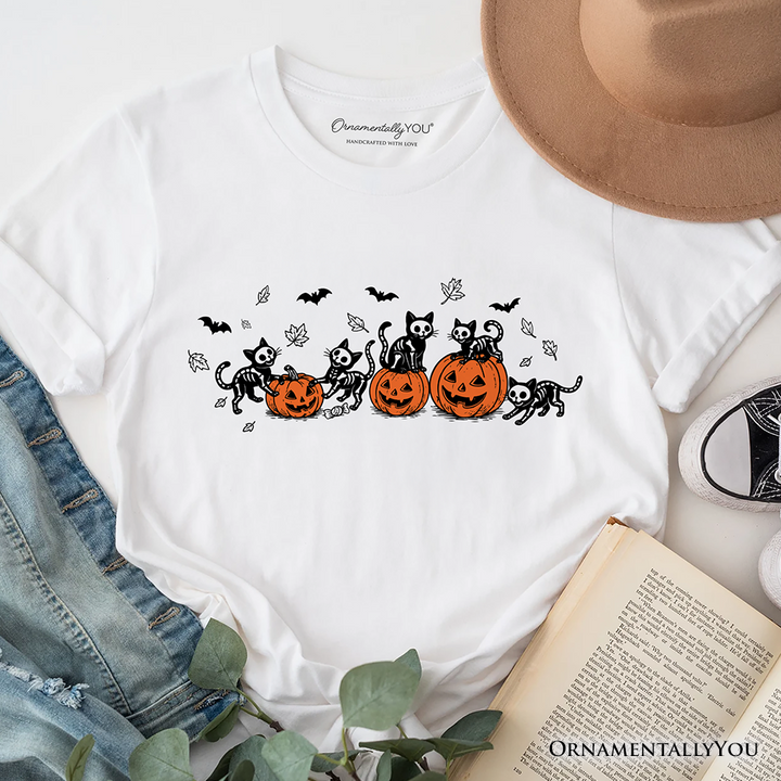 Skeleton Cats and Pumpkins T-Shirt, Spooky Halloween Black Cat Tee