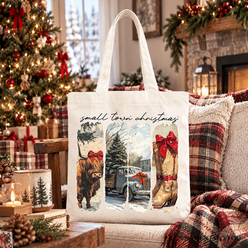 Small Town Christmas Tote Bag, Highland Cow Rustic Western Cowgirl Holiday Gift Shopper