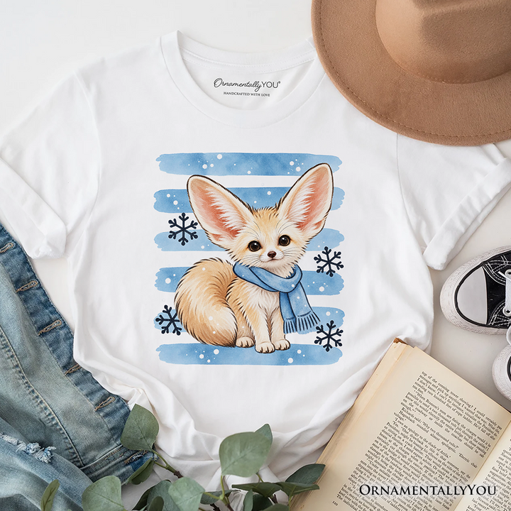 Snowflake Scarf Fennec Fox Christmas T-Shirt, Cute Winter Animal Tee