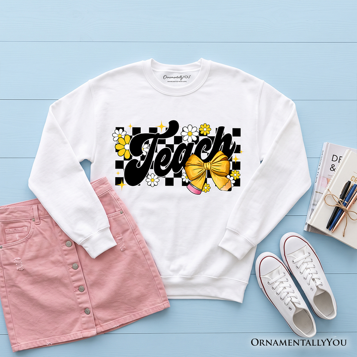 Teach Checkered Coquette Bow Sweatshirt, Retro Sweater for Trendy Teachers