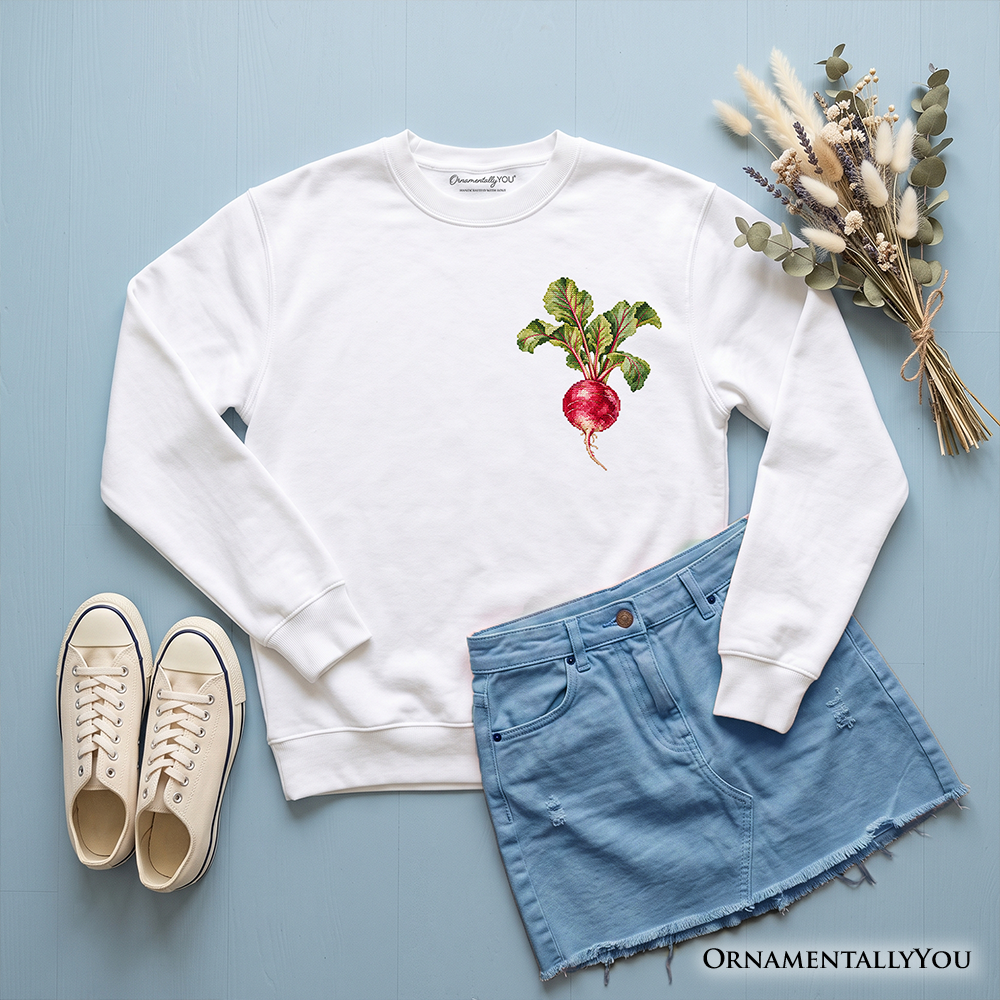 Vintage Radish Faux Cross Stitch Sweatshirt, Botanical Vegetable Garden Sweater
