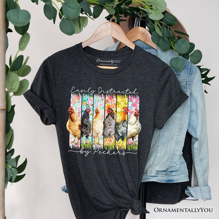 Easily Distracted by Peckers Chicken Farm T-Shirt, Funny Floral Farmlife Brushstroke Tee T-Shirts OrnamentallyYou Dark Gray XS 