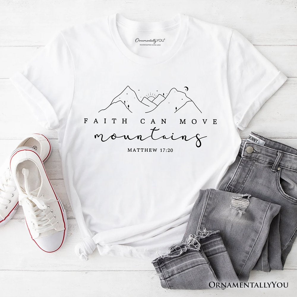 Faith Can Move Mountains Matthew 17:20 Christian T-Shirt, Minimalist Mountain Religious Tee T-Shirts OrnamentallyYou White XS 