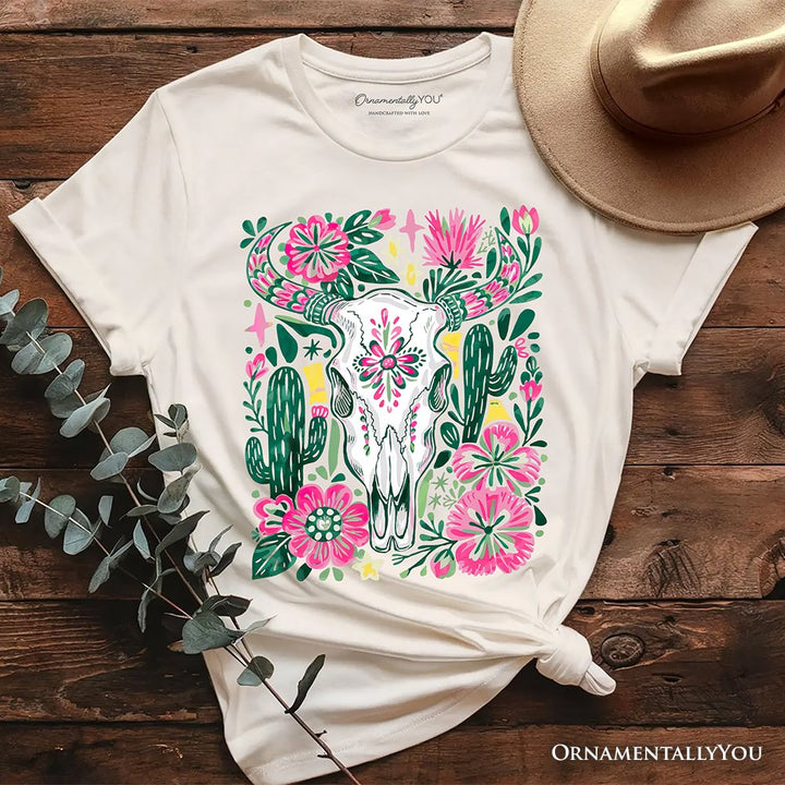 Western Floral Cow Skull T-Shirt, Boho Cowgirl Wildflower Cactus Tee T-Shirts OrnamentallyYou Natural XS 