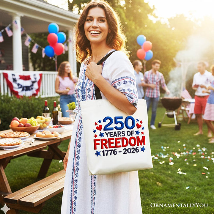 250 Years Freedom Faux Varsity Patch Tote Bag, 4th of July USA Patriotic 1776–2026 Gift Shopper Tote Bag OrnamentallyYou 