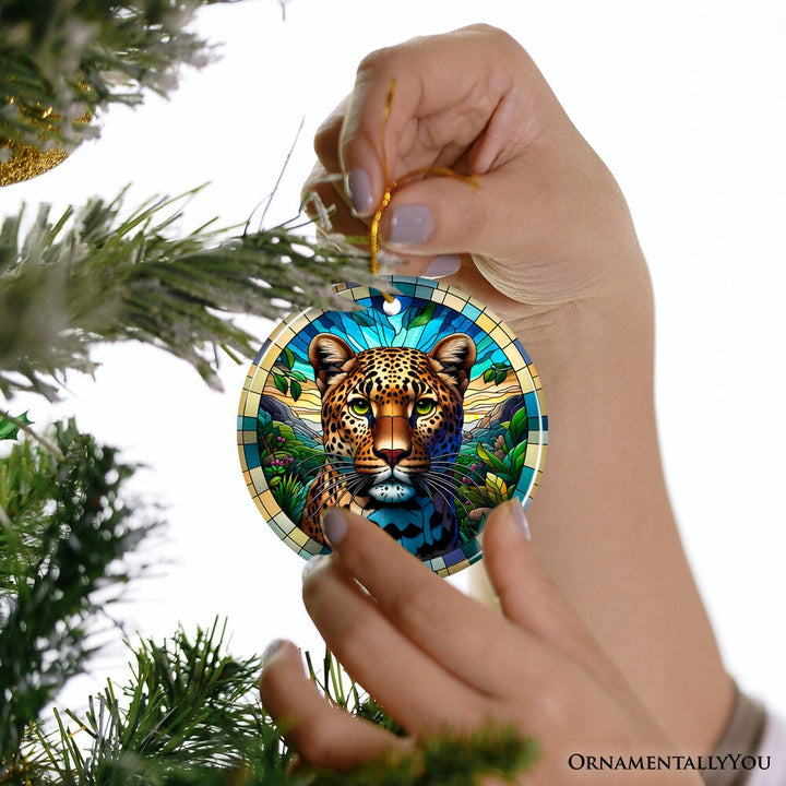 African Leopard Expedition Stained Glass Style Ceramic Ornament, Safari Animals Christmas Gift and Decor Ceramic Ornament OrnamentallyYou 
