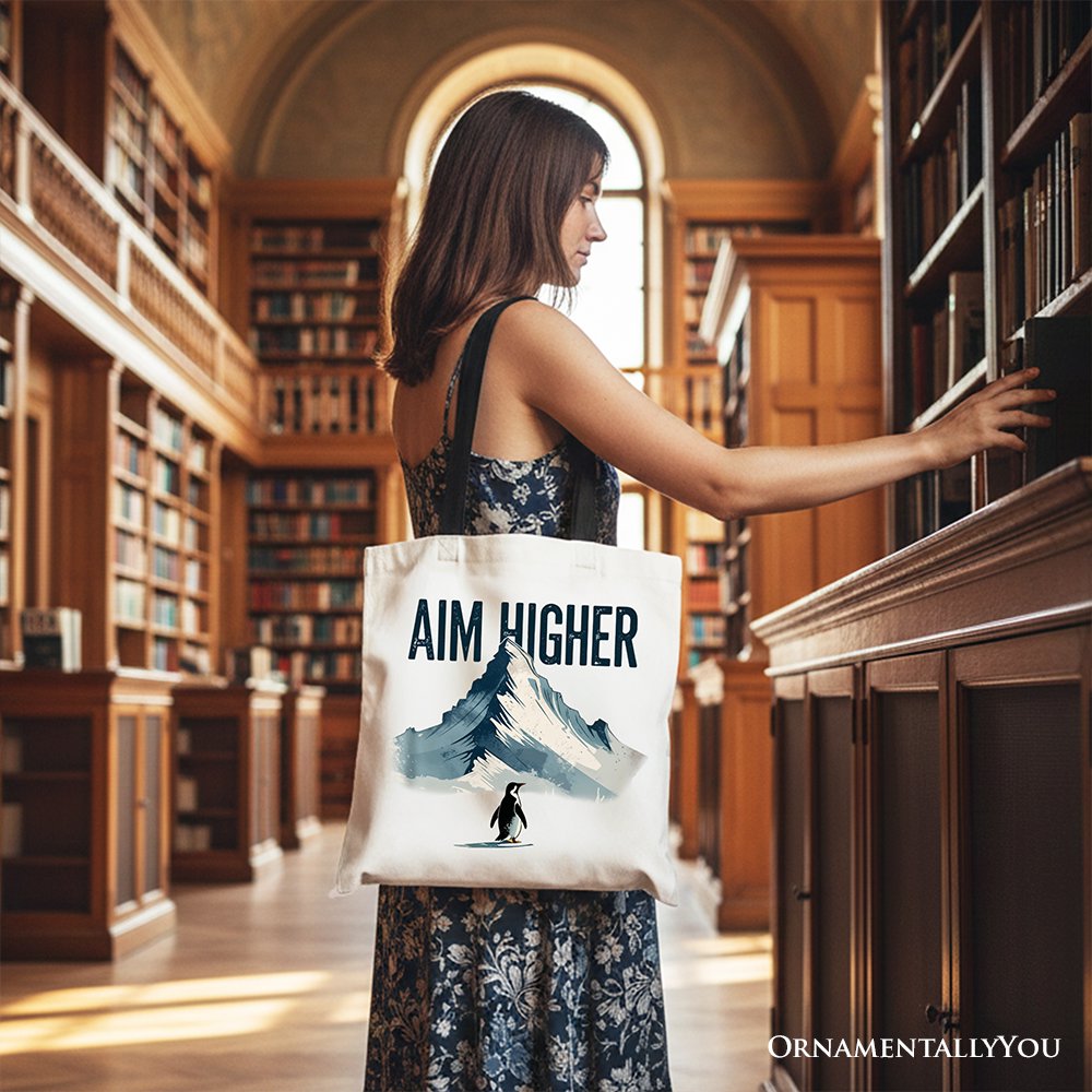 Aim Higher Penguin Tote Bag, Vintage Mountain Motivational Quote Gift Shopper Tote Bag OrnamentallyYou 