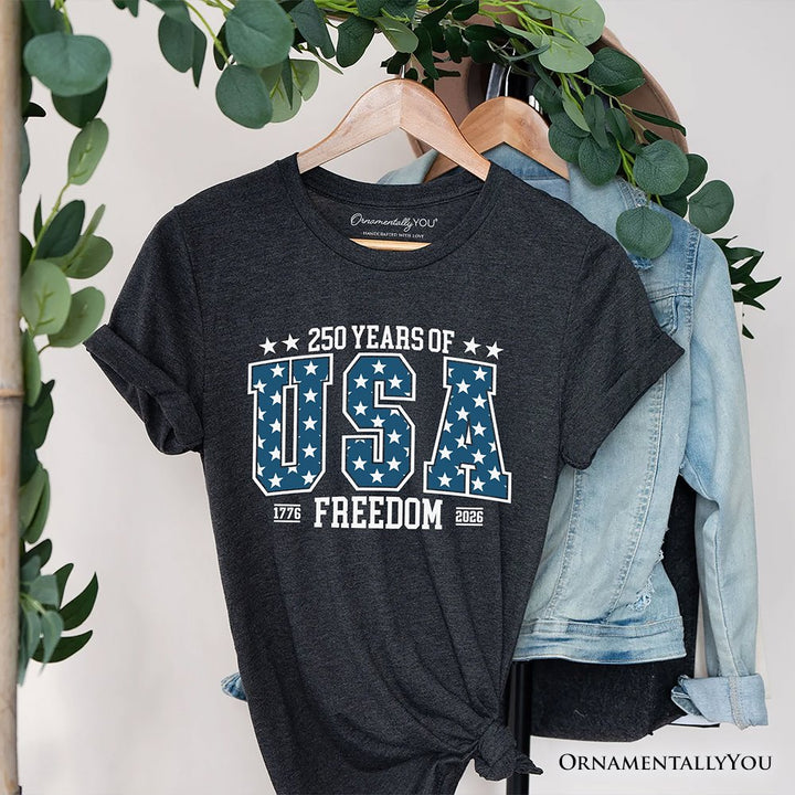 America 250 Years of Freedom Anniversary T-Shirt, 4th of July USA Patriotic 1776–2026 Tee T-Shirts OrnamentallyYou Dark Gray XS 