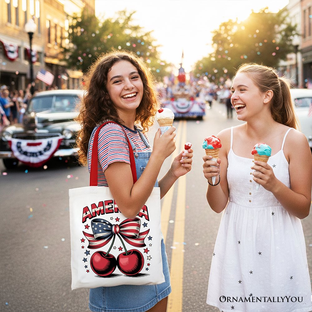 America Coquette Cherries Tote Bag, Patriotic 4th of July Gift Shopper Tote Bag OrnamentallyYou 