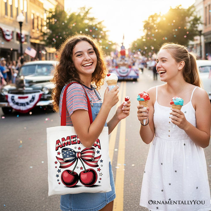 America Coquette Cherries Tote Bag, Patriotic 4th of July Gift Shopper Tote Bag OrnamentallyYou 