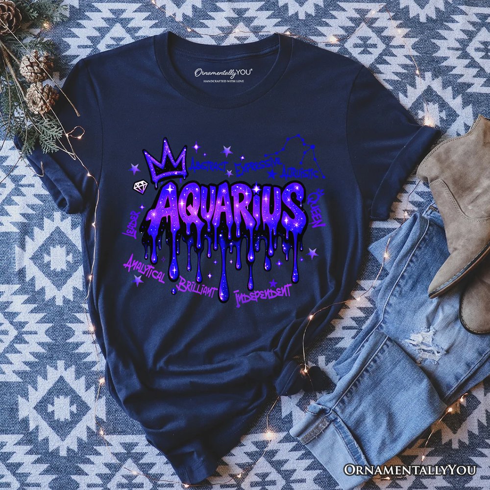 Aquarius Graffiti Zodiac T-Shirt, Street Style Astrology Horoscope Tee T-Shirts OrnamentallyYou Navy XS 