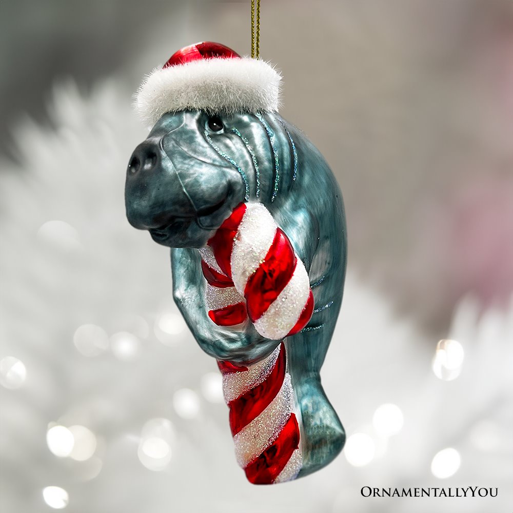 (Pre-Order) Aquatic Manatee Glass Christmas Ornament, Sea Cow Coastal Ocean Animal Holiday Decoration Glass Ornament OrnamentallyYou 