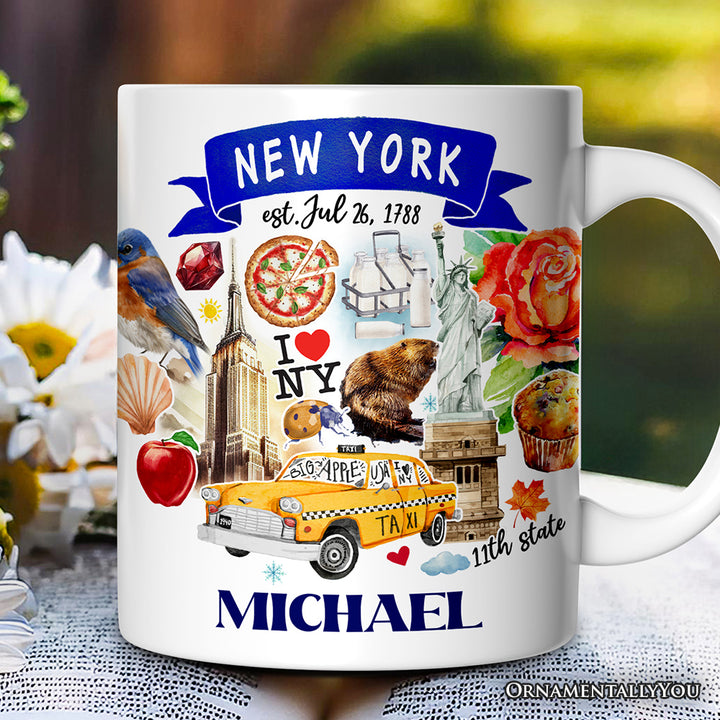 Artistic New York State Themes and Landmarks Personalized Mug With Custom Name