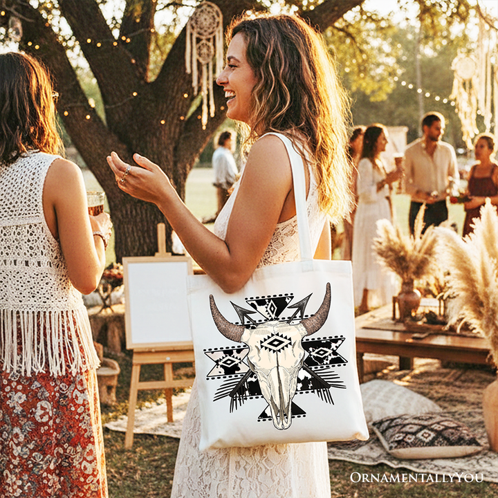 Aztec Tribal Bull Skull Canvas Tote Bag, Western Boho Gift Shopper
