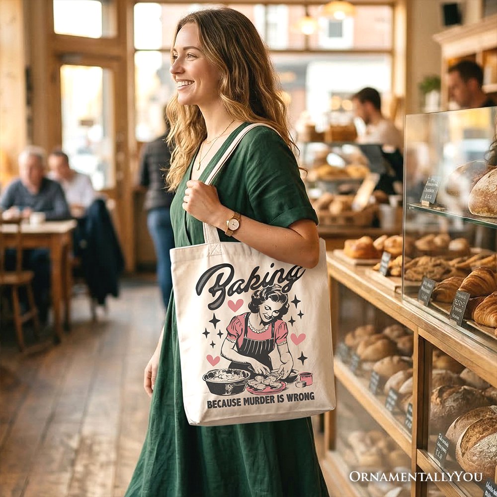 Baking Because Murder Is Wrong Anti-Valentine Tote Bag, Funny Retro Kitchen Gift Shopper Tote Bag OrnamentallyYou 