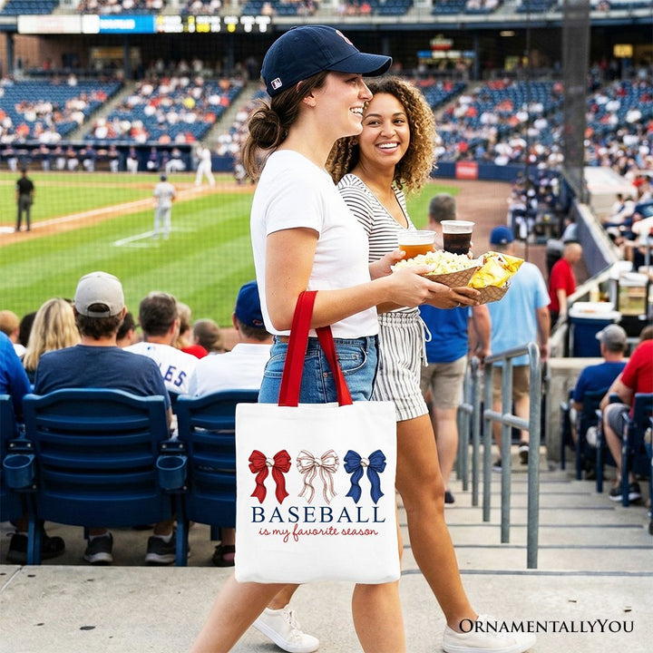 Baseball Is My Favorite Season Tote Bag, Coquette Bow Game Day Gift Shopper Tote Bag OrnamentallyYou 