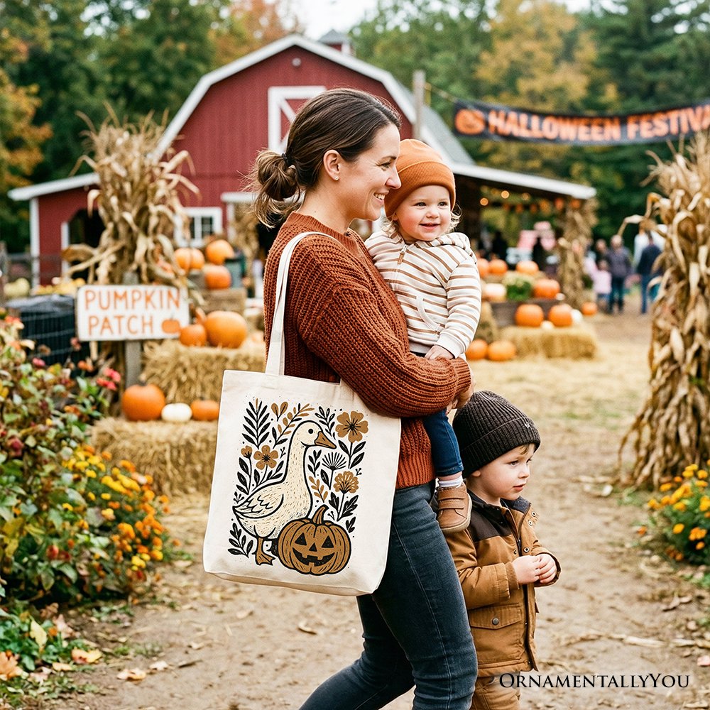 Boho Goose Halloween Pumpkin Tote Bag, Spooky Fall Floral Gift Shopper Tote Bag OrnamentallyYou 