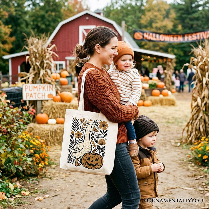Boho Goose Halloween Pumpkin Tote Bag, Spooky Fall Floral Gift Shopper Tote Bag OrnamentallyYou 