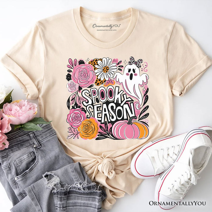 Boho Spooky Season Ghost T-Shirt, Cute Halloween Tee with Fall Pumpkins T-Shirts OrnamentallyYou Natural XS 