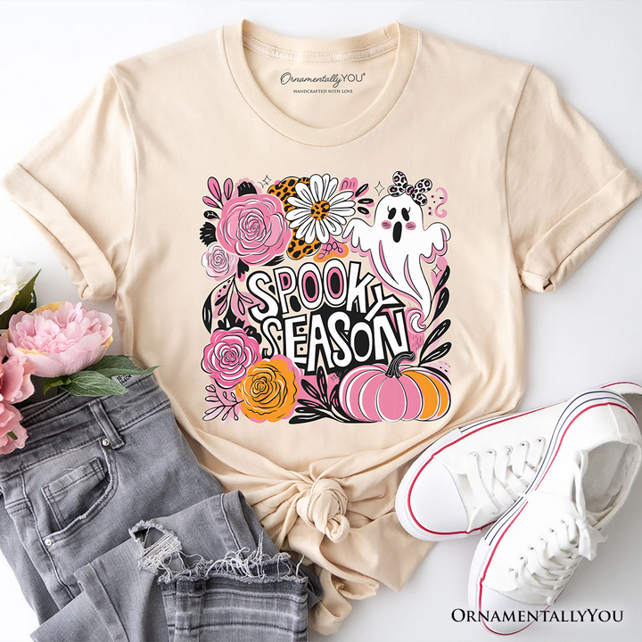Boho Spooky Season Ghost T-Shirt, Cute Halloween Tee with Fall Pumpkins