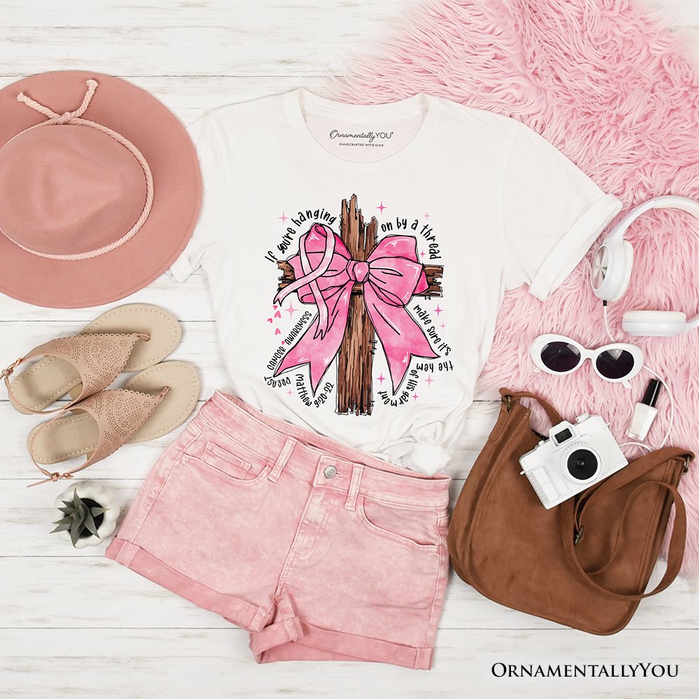 Breast Cancer Pink Bow Cross T-Shirt, Awareness Faith Christian Tee T-Shirts OrnamentallyYou White XS 