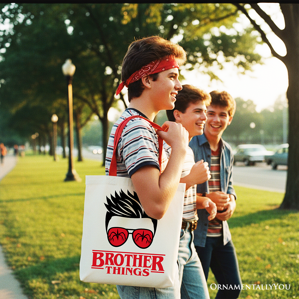 Brother Things Retro Canvas Tote Bag, Red Glasses Family Matching Gift Shopper