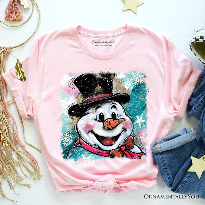 Brushstroke Cute Snowman T-Shirt, Preppy Merry Christmas Glitter Holiday Tee T-Shirts OrnamentallyYou Soft Pink XS 