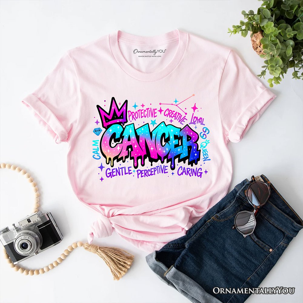 Cancer Graffiti Zodiac T-Shirt, Street Style Astrology Horoscope Tee T-Shirts OrnamentallyYou Soft Pink XS 