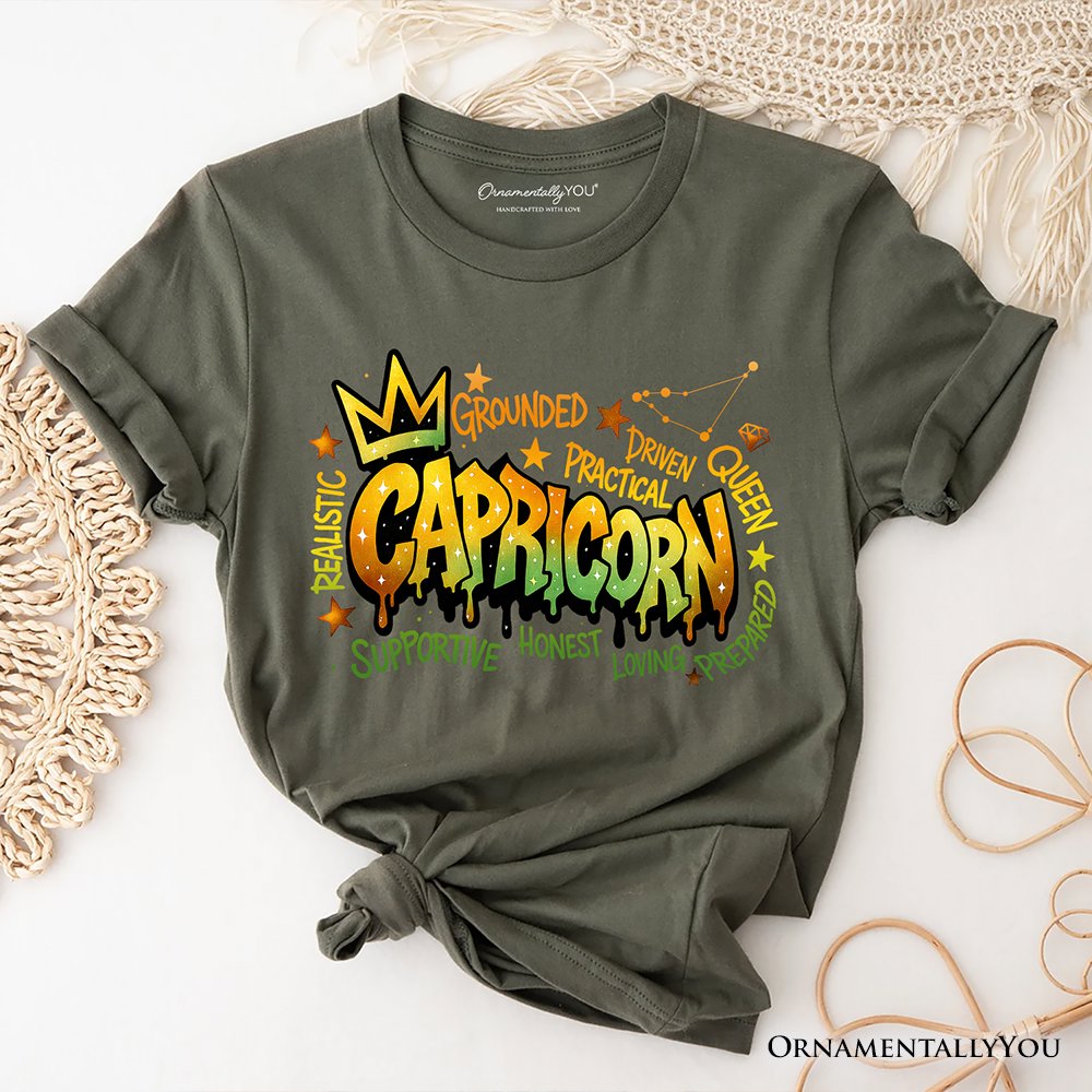 Capricorn Graffiti Zodiac T-Shirt, Street Style Astrology Horoscope Tee T-Shirts OrnamentallyYou Military Green XS 