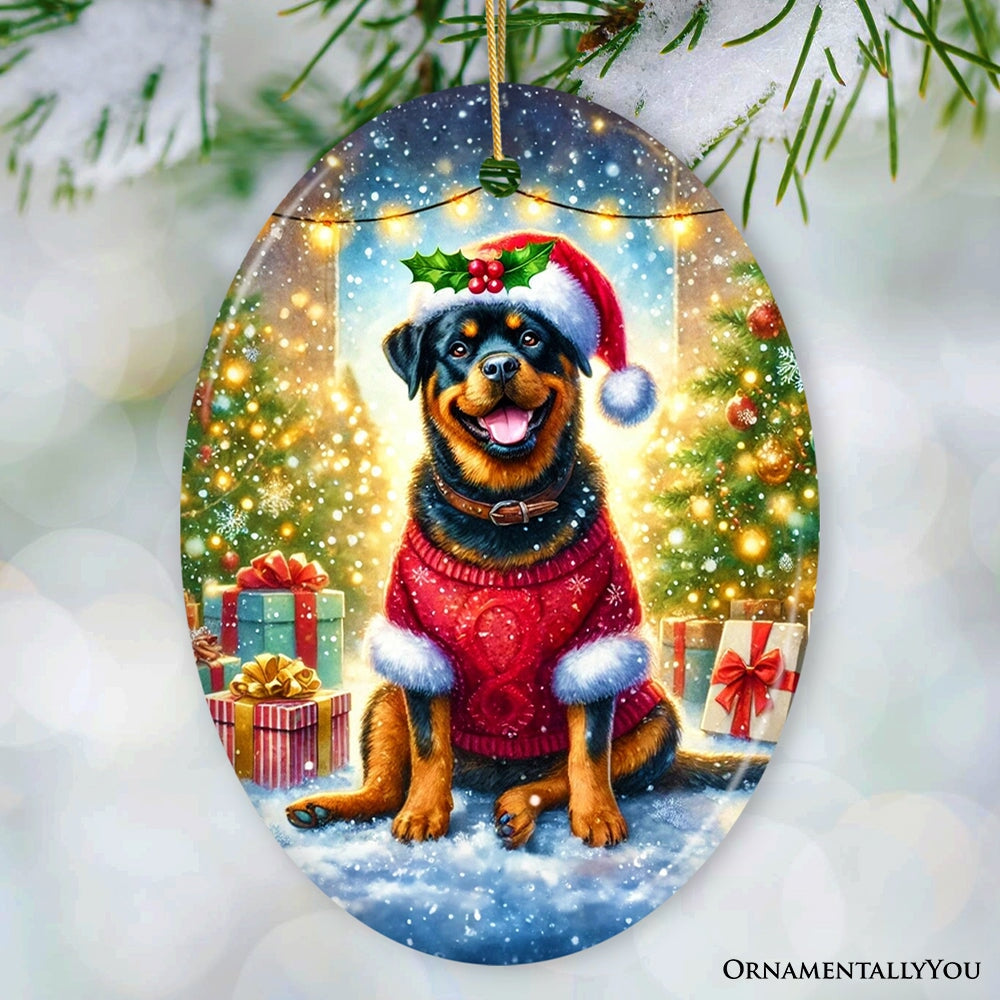 Charming Rottweiler in Festive Attire Ornament, Heartwarming Dog-Themed Christmas Gift Decor Ceramic Ornament OrnamentallyYou 