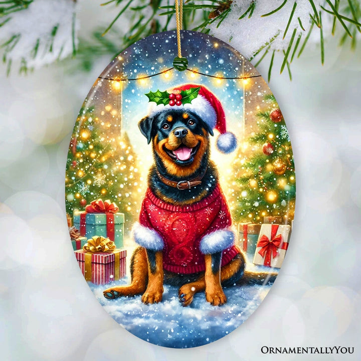 Charming Rottweiler in Festive Attire Ornament, Heartwarming Dog-Themed Christmas Gift Decor Ceramic Ornament OrnamentallyYou 