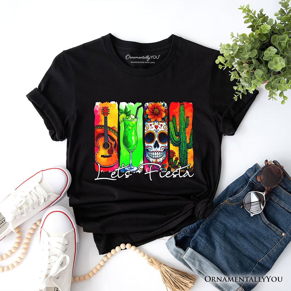 Cinco De Mayo Brushstroke Mexican T-Shirt, Let’s Fiesta Guitar Margarita Skull Cactus Tee T-Shirts OrnamentallyYou Black XS 