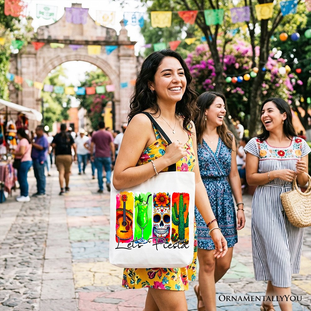 Cinco De Mayo Brushstroke Mexican Tote Bag, Let’s Fiesta Guitar Margarita Skull Cactus Gift Shopper Tote Bag OrnamentallyYou 
