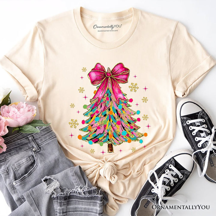 Colorful Glitter Christmas Tree Pink Bow T-Shirt, Pink Bow Coquette Holiday Tee T-Shirts OrnamentallyYou Natural XS 