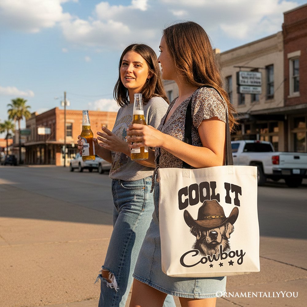 Cool It Cowboy Canvas Tote Bag With Western Dog, Retro Golden Retriever Gift Shopper for Country Lover Tote Bag OrnamentallyYou 