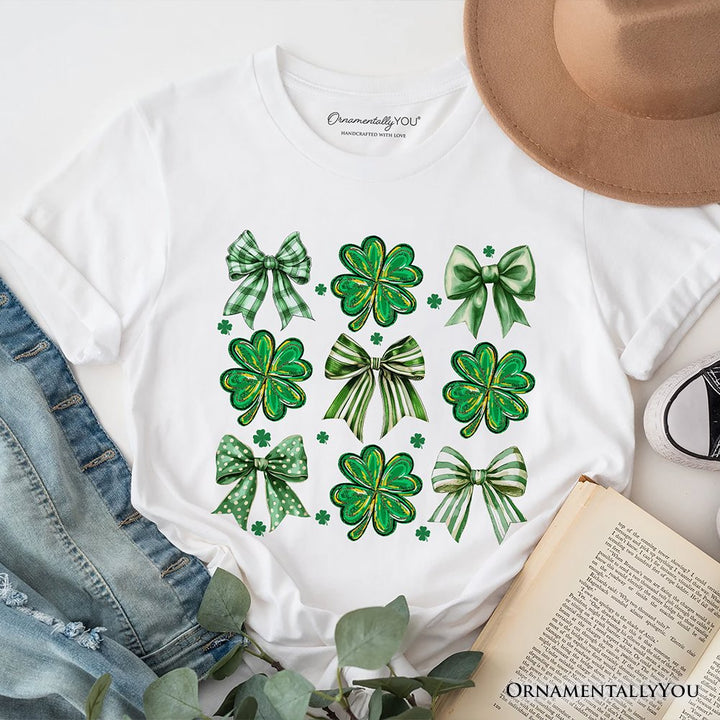 Coquette Clover Bows St Patrick’s Day T-Shirt, Green Irish Lucky Shamrock Tee T-Shirts OrnamentallyYou White XS 
