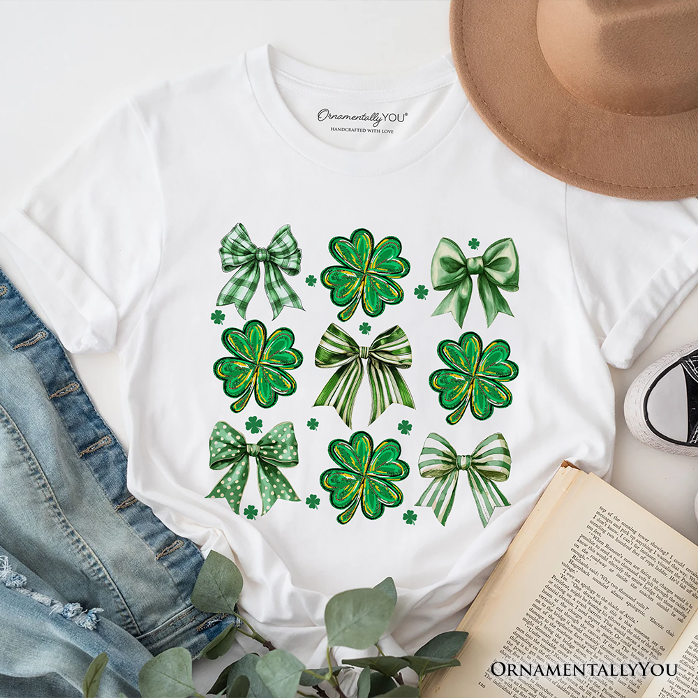 Coquette Clover Bows St Patrick’s Day T-Shirt, Green Irish Lucky Shamrock Tee