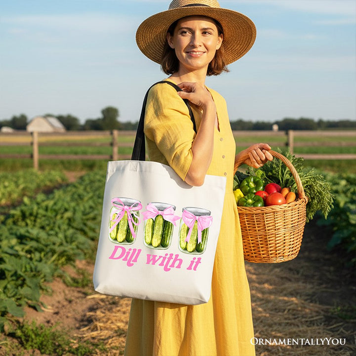 Coquette Dill With It Funny Canvas Tote Bag, Pink Bow Pickle Lover Gift Shopper for Cute and Quirky Style Fans Tote Bag OrnamentallyYou 