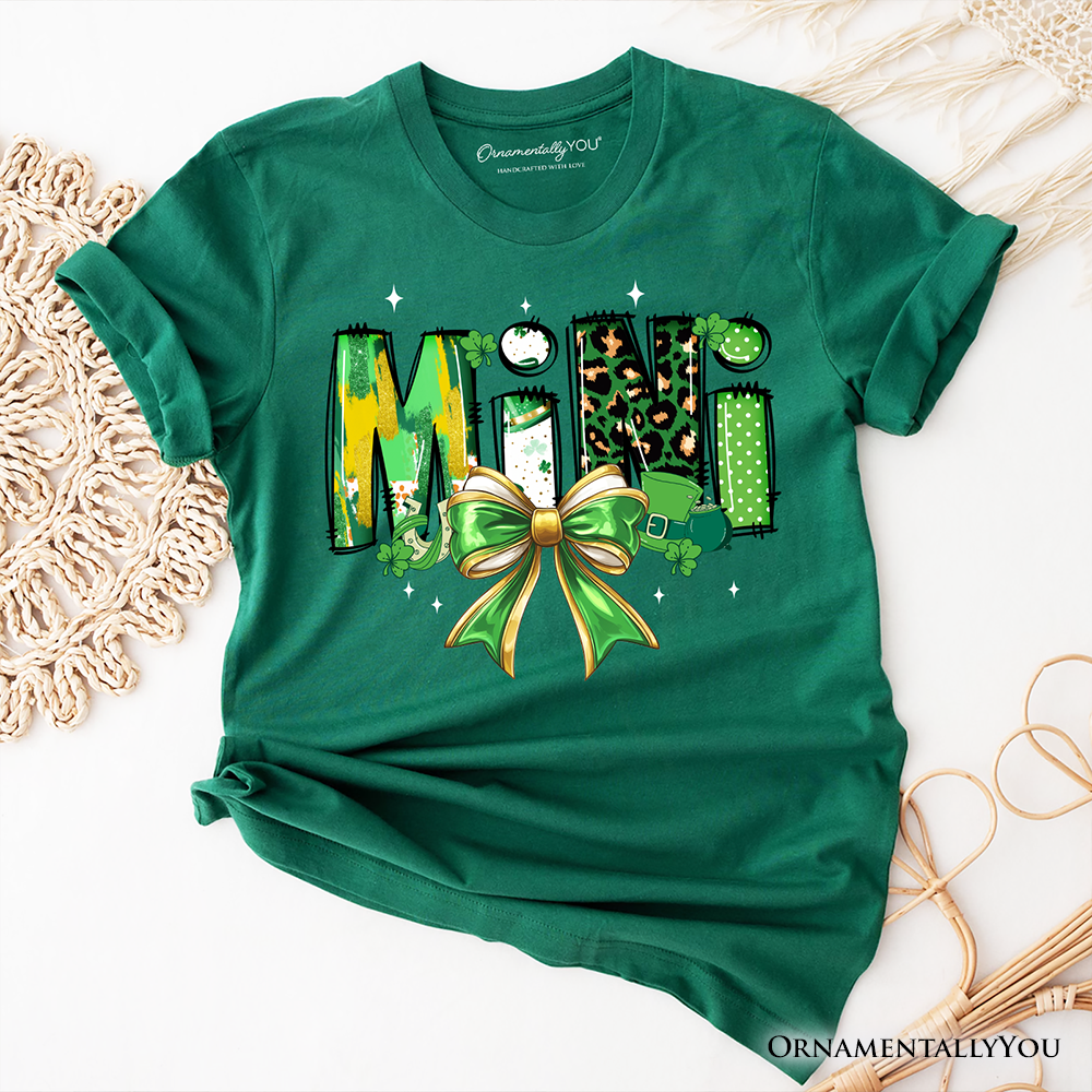 Coquette Mini Clover Bow St Patrick’s Day T-Shirt, Green Lucky Shamrock Clover Tee