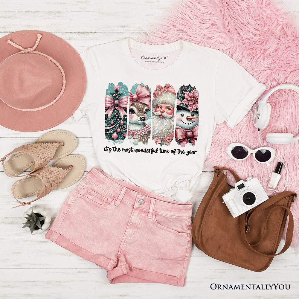 Coquette Pink Christmas T‑Shirt, It's The Most Wonderful Time Of The Year Vintage Tree, Reindeer, Santa and Snowman Tee T-Shirts OrnamentallyYou White XS 