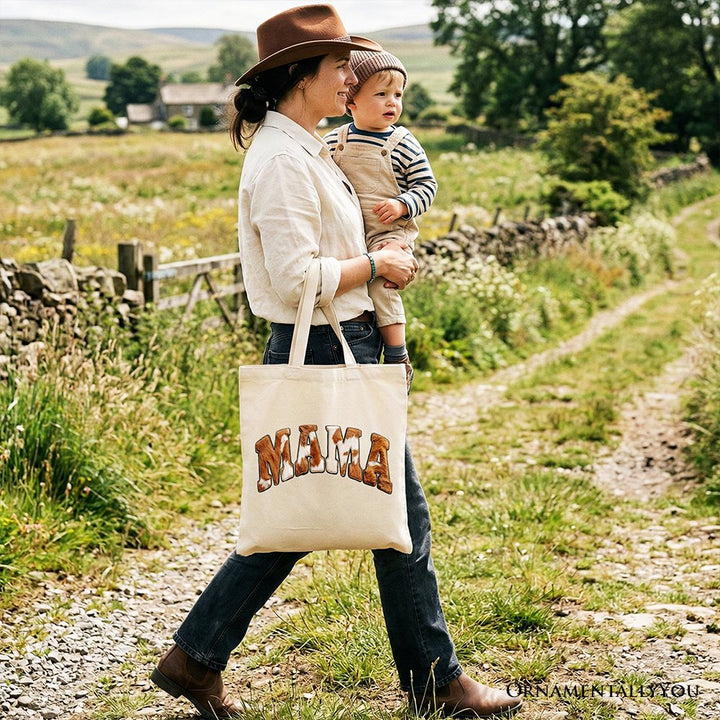 Cow Print Mama Western Tote Bag, Faux Cowhide Mom Gift Shopper Tote Bag OrnamentallyYou 