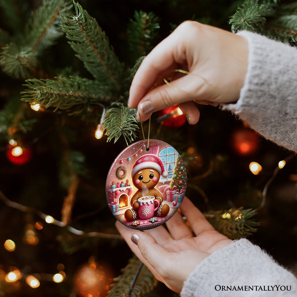 Cozy Gingerbread Man Pink Themed Ornament, Delightful Christmas Gift and Decor Ceramic Ornament OrnamentallyYou 