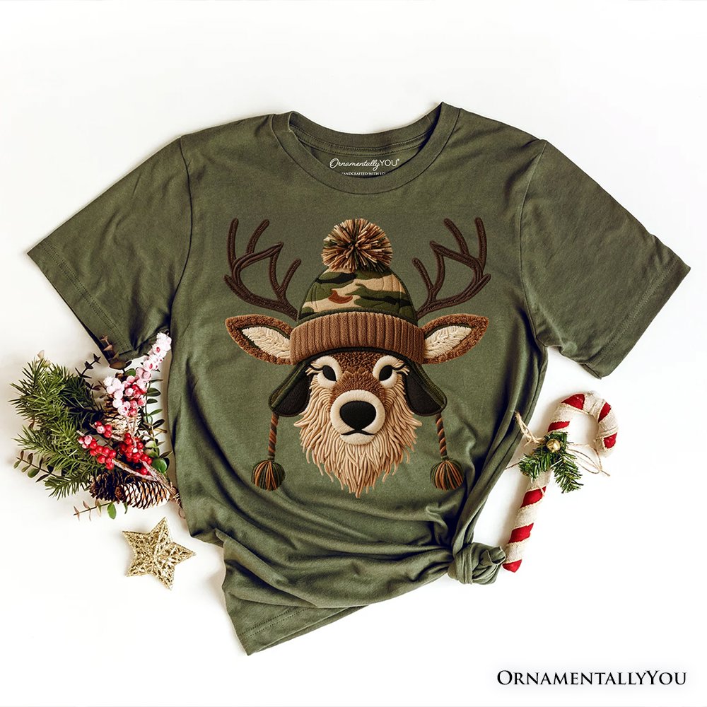 Deer Head Camo Hat Christmas T-Shirt, Imitation Latch Hook Yarn Cozy Hunting Season Tee T-Shirts OrnamentallyYou Military Green XS 