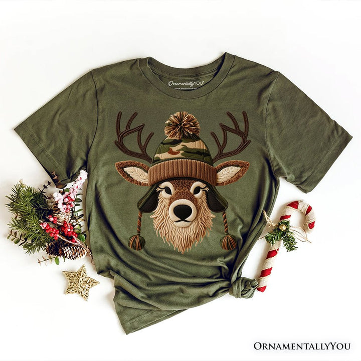 Deer Head Camo Hat Christmas T-Shirt, Imitation Latch Hook Yarn Cozy Hunting Season Tee T-Shirts OrnamentallyYou Military Green XS 