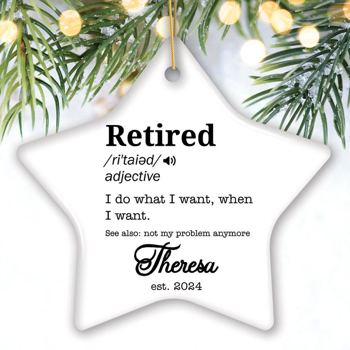 Definition of Retired Gift, Funny Personalized Ornament for Retiree Ceramic Ornament OrnamentallyYou Star 