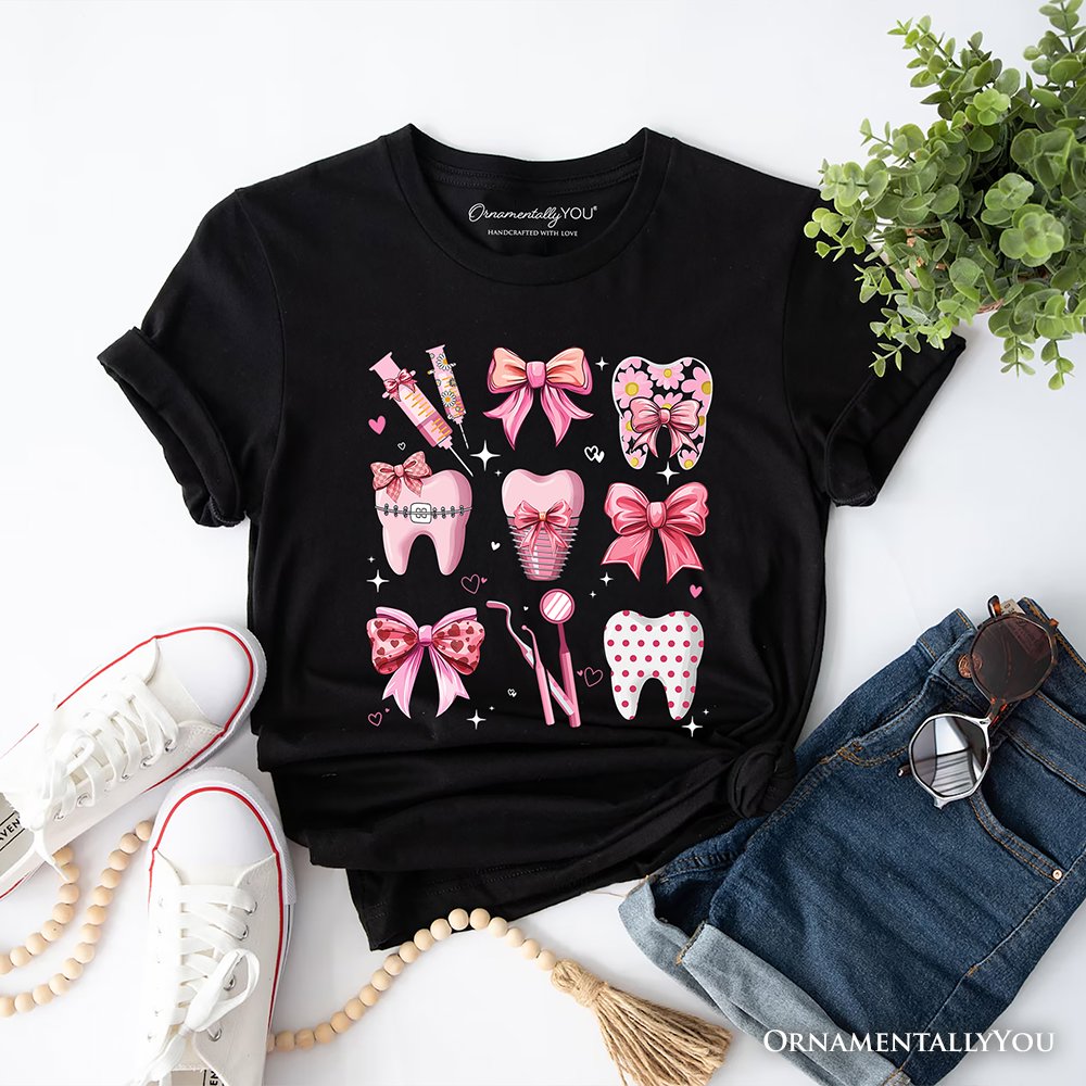 Dental Squad Coquette T-Shirt, Pink Teeth Dentist Life Bow Tee T-Shirts OrnamentallyYou Black XS 