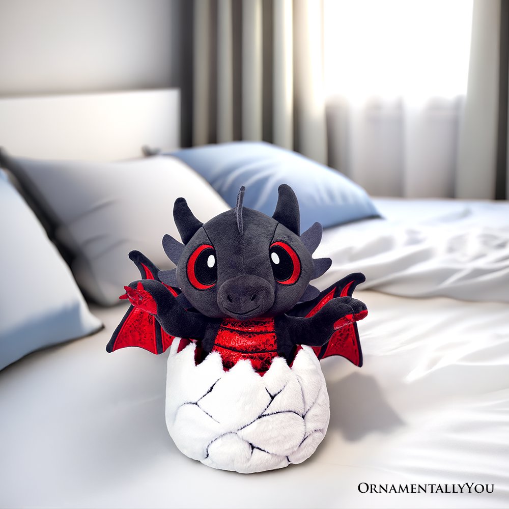Drogo the Dino in an Egg Plushie, 12" Black and Red Dinosaur Stuffed Animal Gift for Boys and Teens Plush Toys OrnamentallyYou 