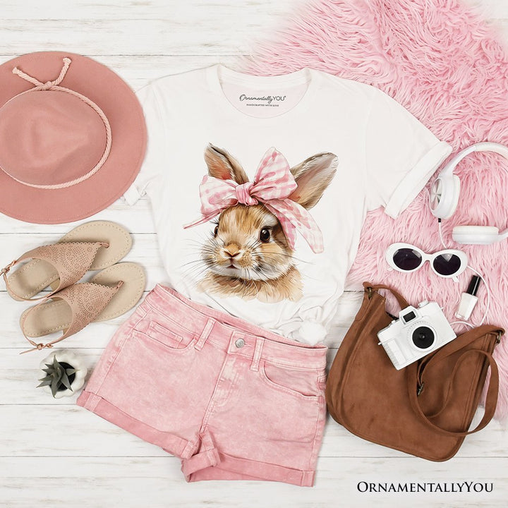 Easter Bunny Coquette Pink Bow T-Shirt, Cute Watercolor Spring Tee T-Shirts OrnamentallyYou White XS 