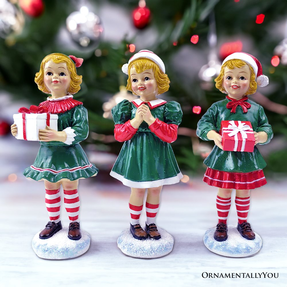 (Pre-Order) Elegant Victorian Christmas Girl Set of Three Figurines, 6" Holiday Home Decor Resin Statues OrnamentallyYou 