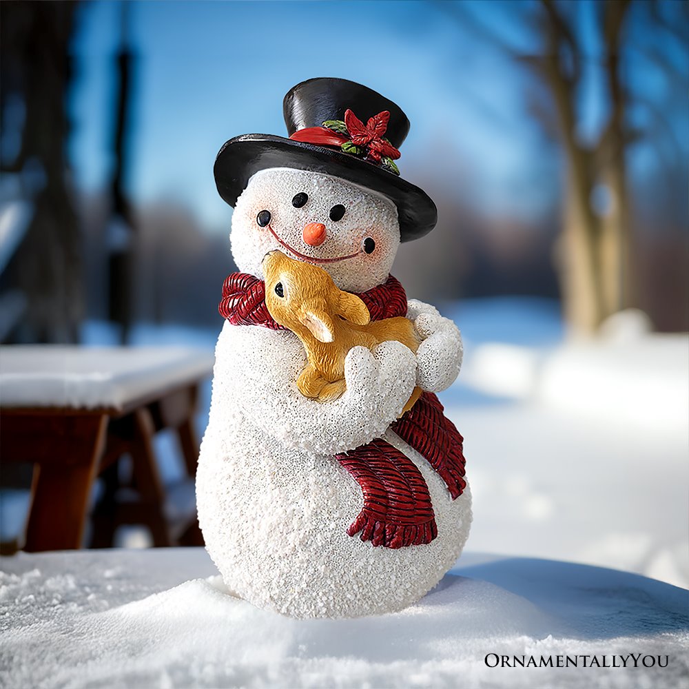 Enchanting Snowman and Fawn Home Holiday Decoration, 8" Tall Winter Woodland Deer Figurine Resin Statues OrnamentallyYou 